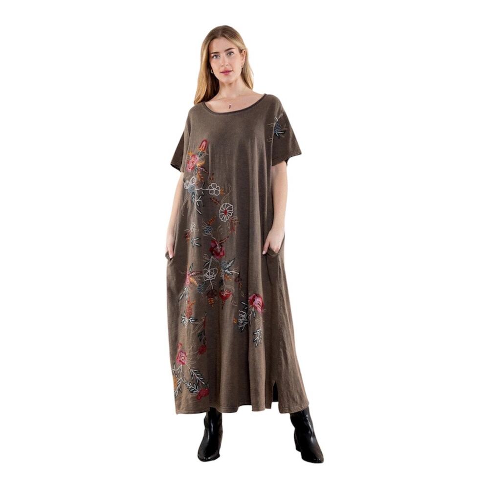 Blue Velvet Dress Women Large Brown Embroidered
